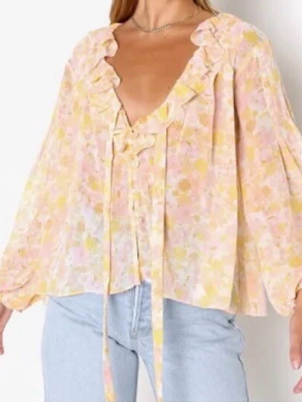 For Love And Lemons Yellow Pink Floral Ruffle Tie-Button Front Blouse Size M - Picture 2 of 10
